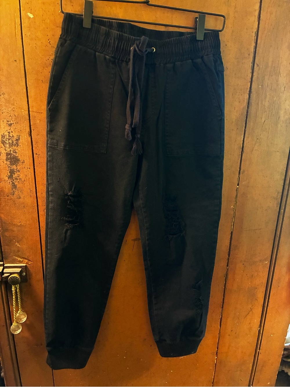 white birch Unforgettable Black Distressed Jogger Pants with Drawstring